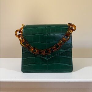 SINBONO - Dark Green Croc-Embossed Shoulder Bag with Tortoiseshell Chain